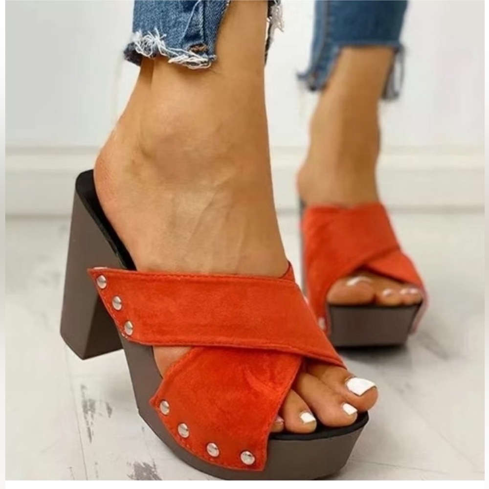 Orange Platform Shoes with Chunky Heel and Stud Details
